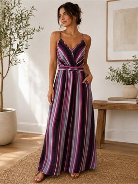 70) Warehouse One Striped Maxi Dress Purple Pink Sleeveless Summer Dress.PTP 23